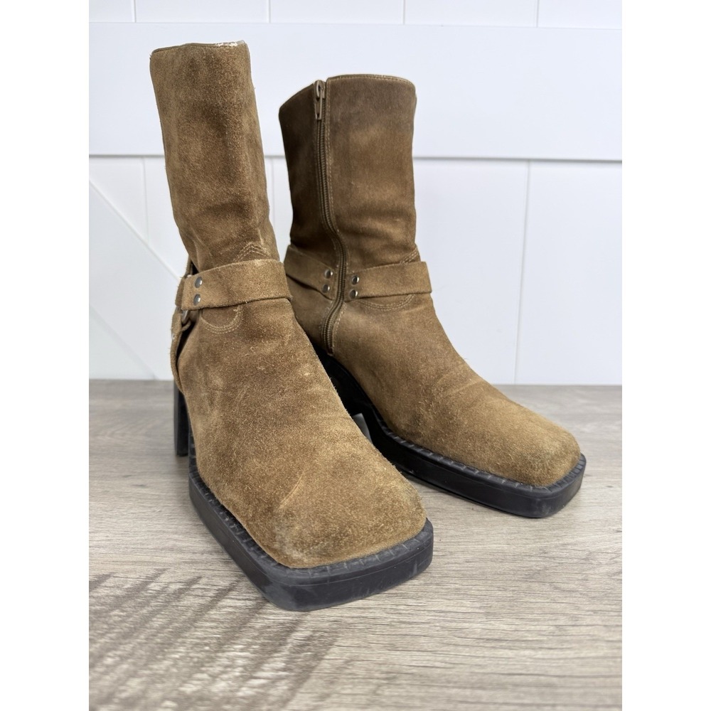 Vtg. Y2K Arizona Jean Co RARE Leather Suede Square Toe Harness Boots in Camel 11